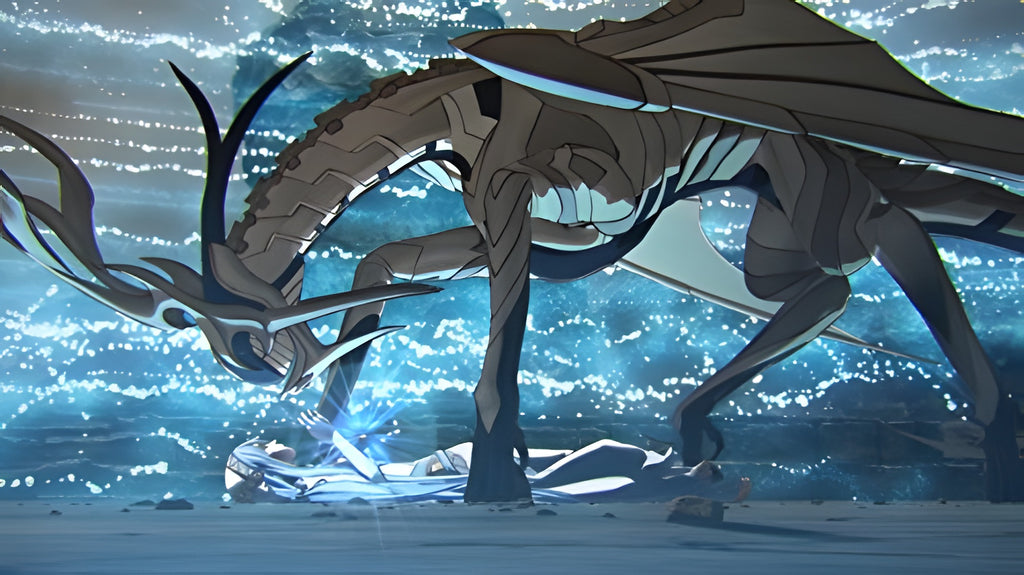 Ein großer Drache greift in Fire Emblem Fates: Herrschaft eine liegende Figur in blauer Umgebung an.