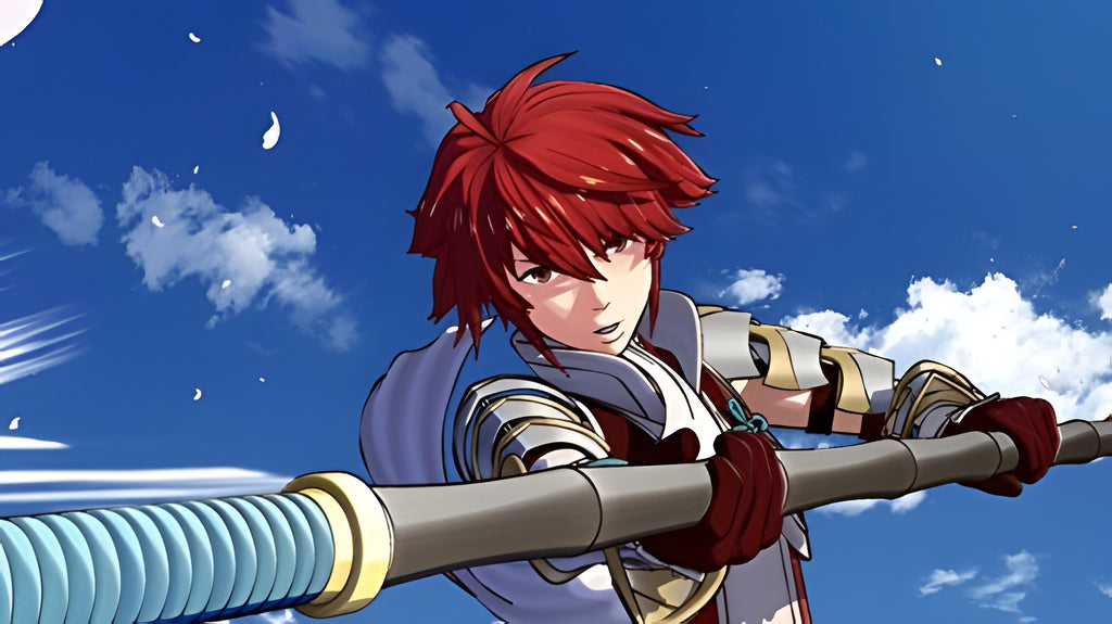 Ein rothaariger Charakter hält in Fire Emblem Fates: Herrschaft eine Lanze.