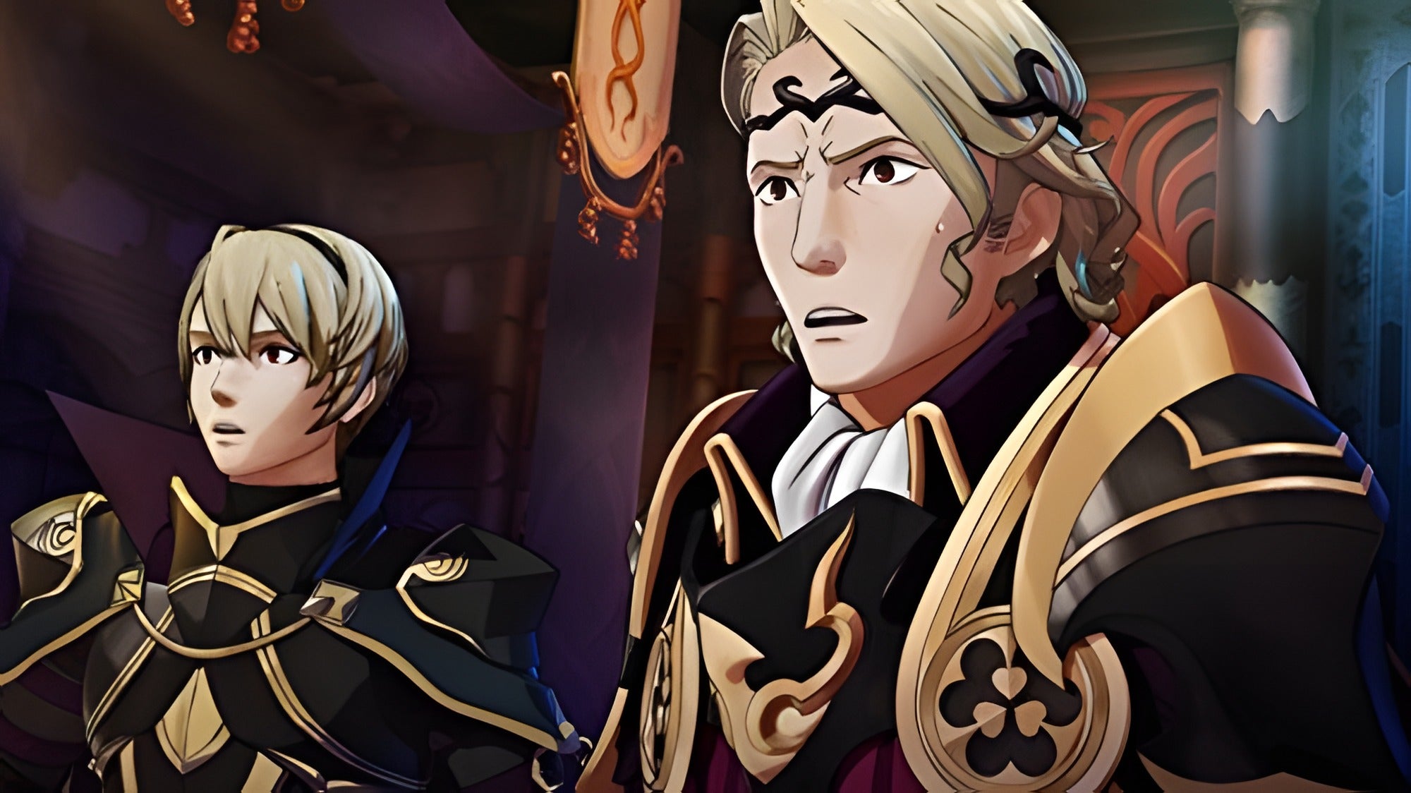 Zwei Charaktere in Fire Emblem Fates: Herrschaft führen ein angeregtes Gespräch.