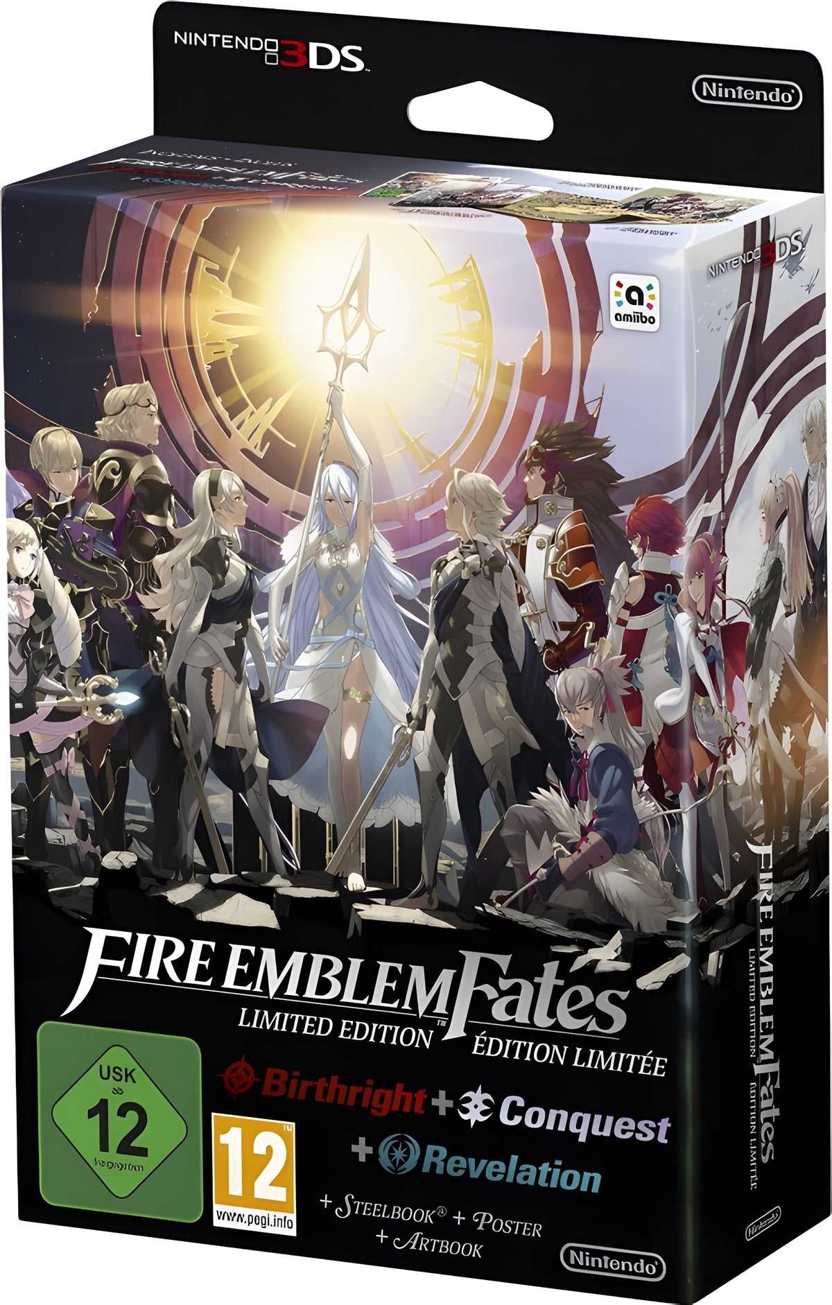 Die Verpackung von Fire Emblem Fates Limited Edition zeigt viele Fantasy-Charaktere und das USK ab 12 Siegel.