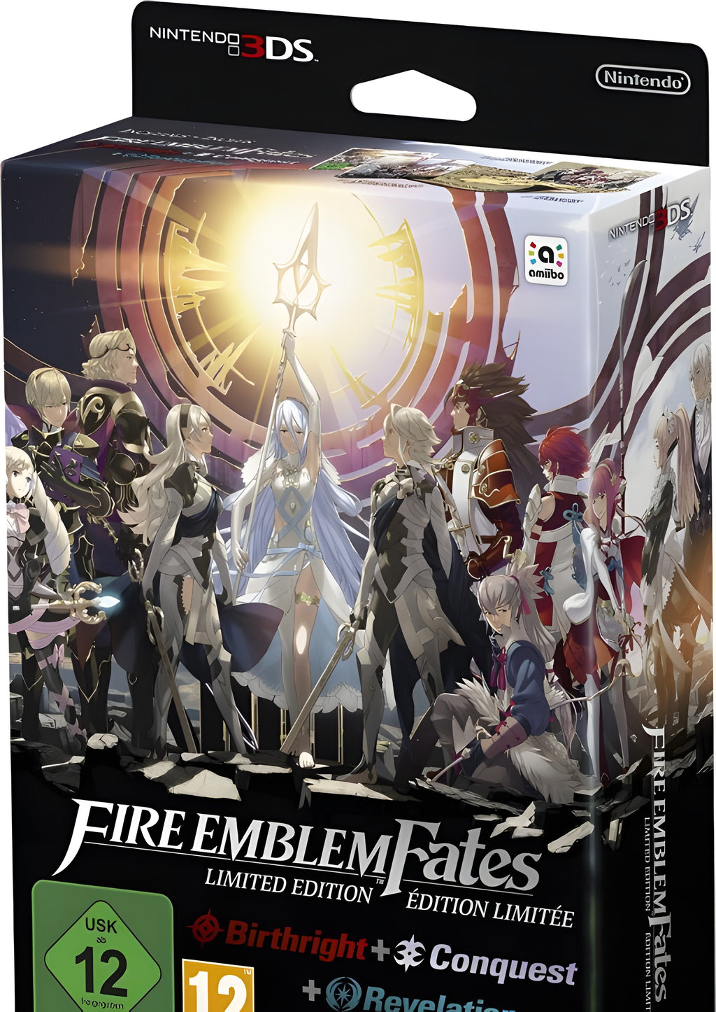 Die Box von Fire Emblem Fates Limited Edition zeigt eine Gruppe von Fantasy-Helden und das USK ab 12 Siegel.