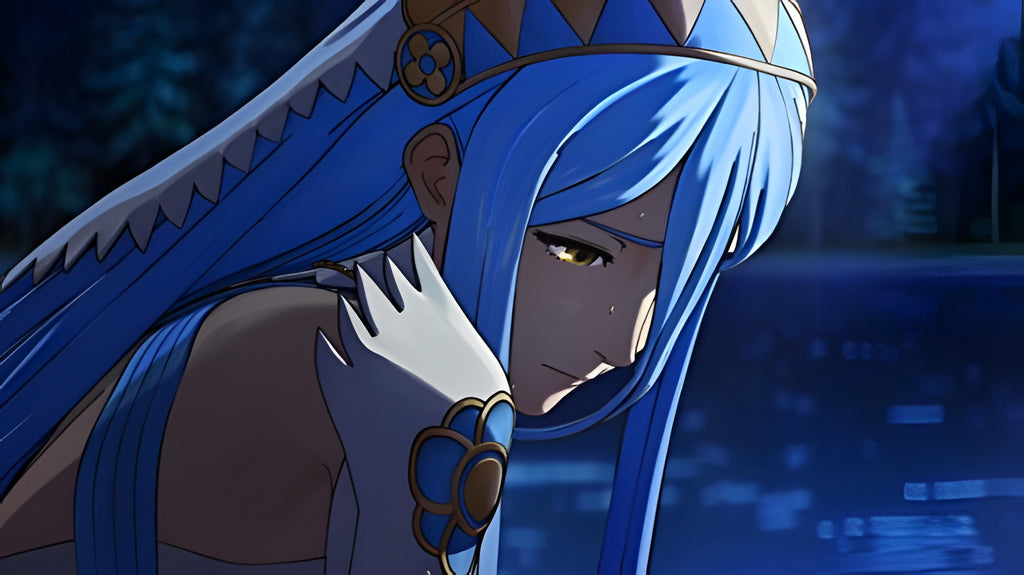 Eine Nahaufnahme einer blauhaarigen Figur aus Fire Emblem Fates: Vermächtnis mit traurigem Blick.