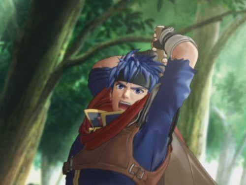 Der Held Ike mit blauen Haaren und rotem Schal blickt entschlossen in einem Wald.
