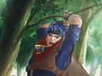 Der Held Ike mit blauen Haaren und rotem Schal blickt entschlossen in einem Wald.
