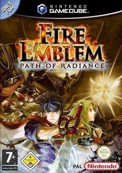 Das Cover von Fire Emblem: Path of Radiance für GameCube zeigt den Helden Ike mit Schwert und weitere Charaktere, USK ab 6.