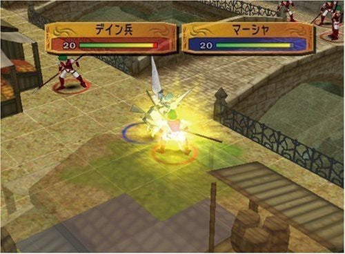 Eine Kampfszene in Fire Emblem: Path of Radiance zeigt zwei Einheiten auf einer Brücke in einer Stadt.