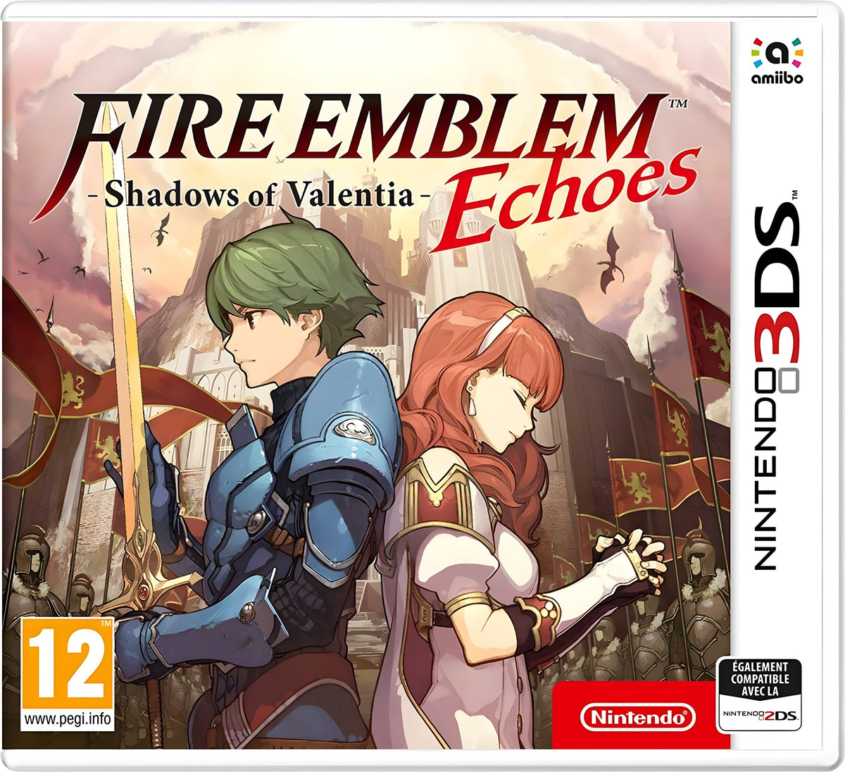 Das Cover von Fire Emblem: Shadows of Valentia - Echoes zeigt zwei Charaktere vor einer Burg, PEGI 12.