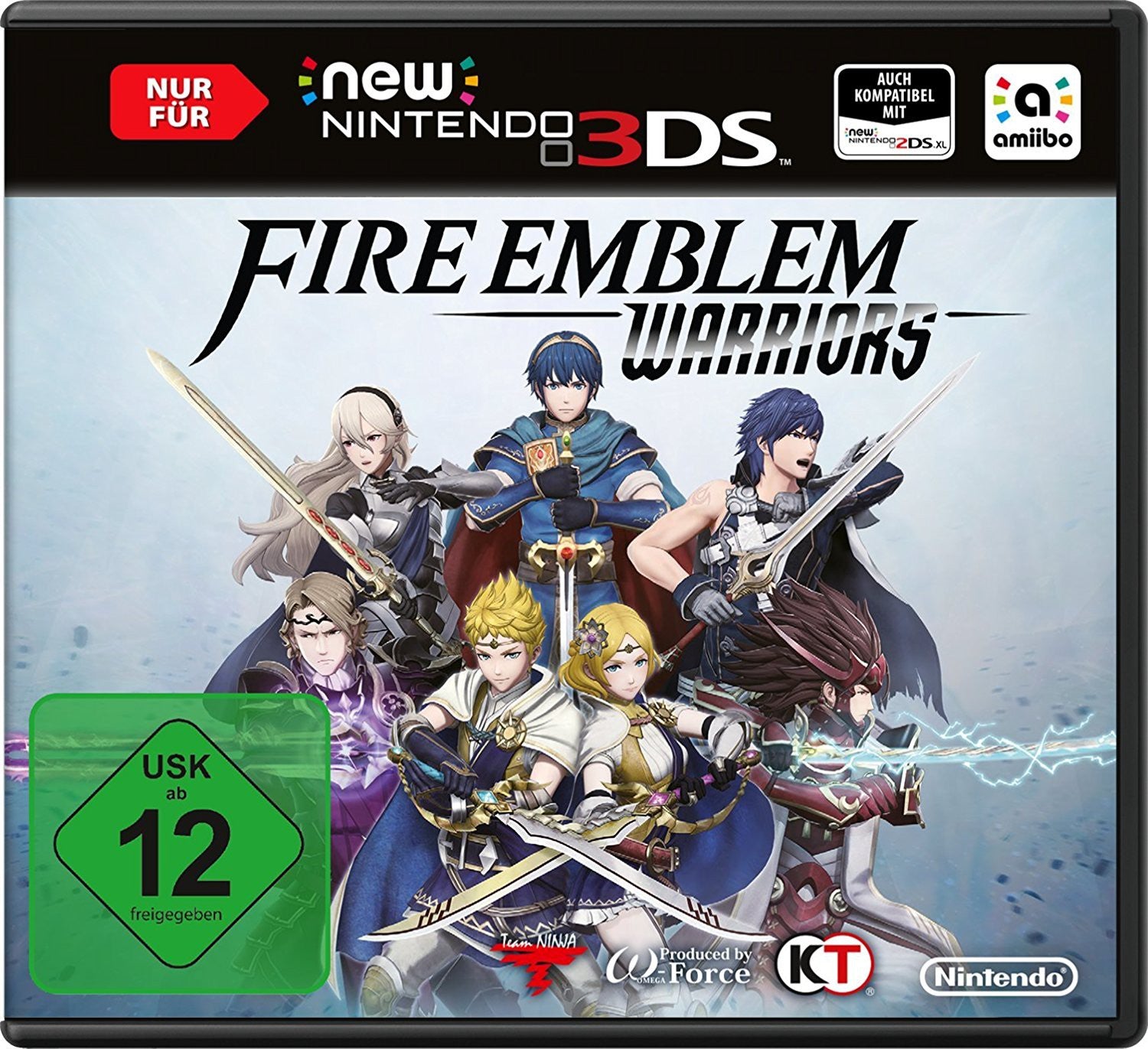 Das Cover von Fire Emblem: Warriors für Nintendo New 3DS zeigt mehrere Charaktere mit Schwertern und das USK ab 12 Siegel.