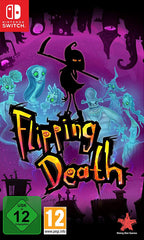 Das Cover von Flipping Death für Nintendo Switch zeigt den Sensenmann und mehrere Geister, USK ab 12, PEGI 12.