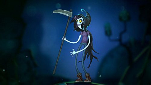 Die Hauptfigur aus Flipping Death, eine junge Frau als Sensenmann mit Sense, auf dunklem Hintergrund.