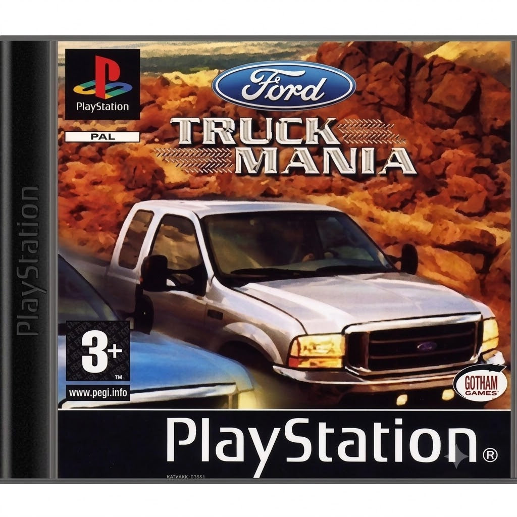 Das Cover von Ford Truck Mania für PS1 zeigt einen silbernen Pickup-Truck vor einer felsigen Landschaft, USK ab 3.