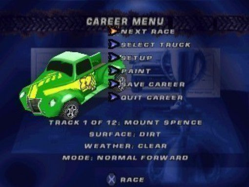 Das Karriere-Menü von Ford Truck Mania zeigt einen grünen Pickup-Truck und Optionen wie "Next Race" und "Select Truck".
