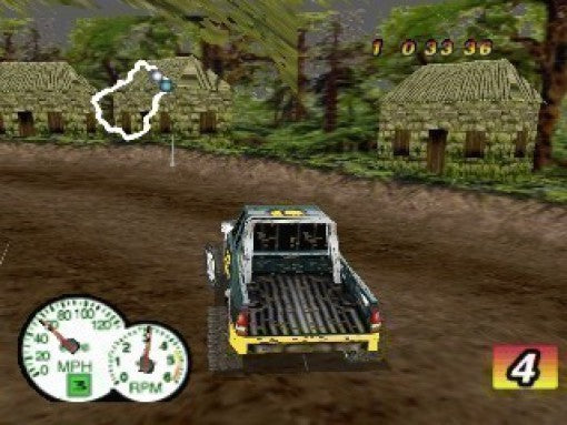 Ein Pickup-Truck fährt in Ford Truck Mania an mehreren Hütten und Bäumen vorbei, mit Tachoanzeige und Streckenkarte.