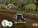 Ein Pickup-Truck fährt in Ford Truck Mania an mehreren Hütten und Bäumen vorbei, mit Tachoanzeige und Streckenkarte.
