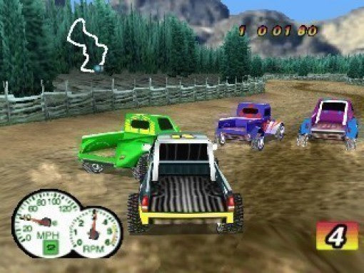 Ein Rennen auf einer Waldstrecke in Ford Truck Mania mit drei Pickup-Trucks und einer Tachoanzeige im Vordergrund.