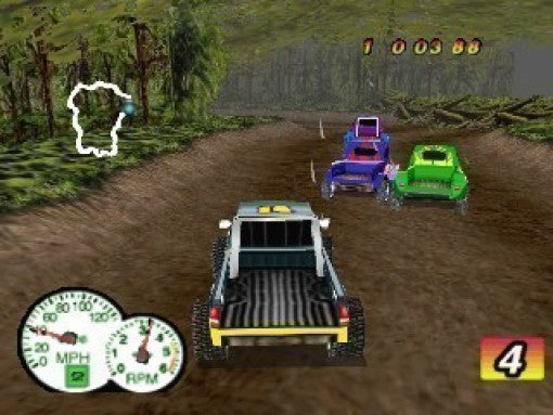 Drei Pickup-Trucks fahren auf einem Waldweg in Ford Truck Mania, mit einer detaillierten Tachoanzeige unten links.