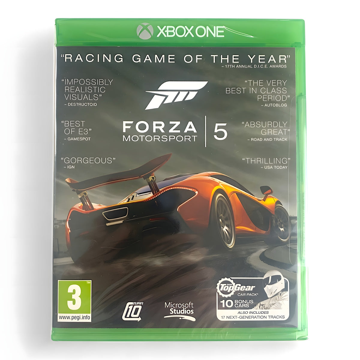 Das Cover von Forza Motorsport 5 [Goty] für Xbox One zeigt einen orangefarbenen Sportwagen auf einer Rennstrecke.