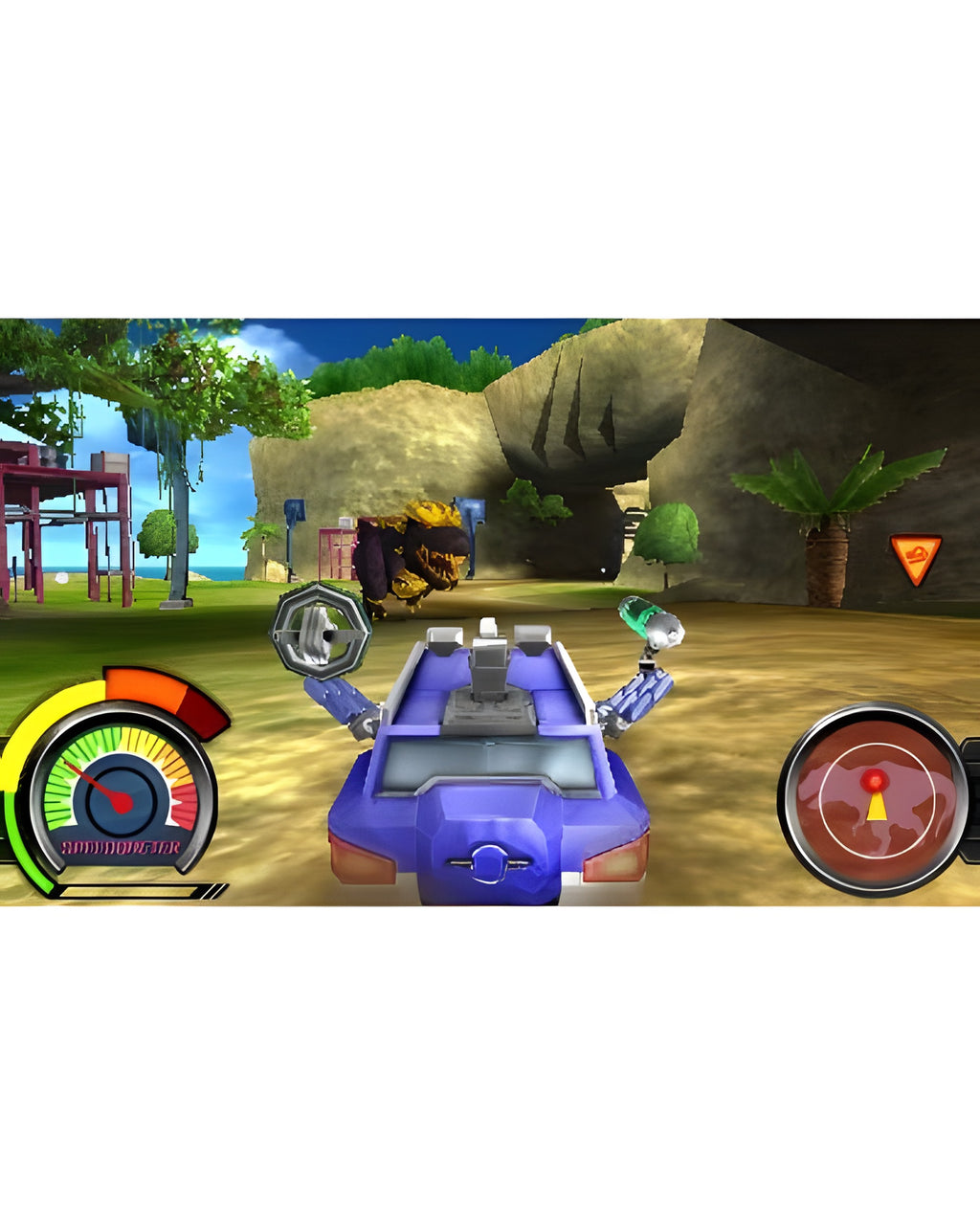 Ein blaues Fahrzeug fährt in Fossil Fighters: Frontier auf einen großen Dinosaurier zu.
