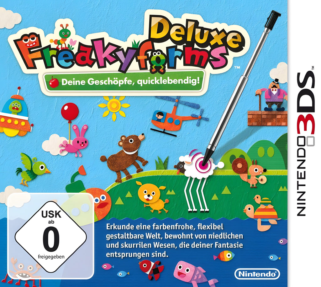 Das Cover von Freakyforms Deluxe: Deine Geschöpfe, quicklebendig für Nintendo 3DS zeigt viele bunte Figuren und USK ab 0.