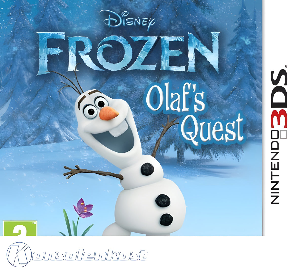 Das Cover von Frozen: Olaf's Quest zeigt Olaf lachend vor einem verschneiten Wald, mit PEGI 3.