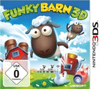 Das Cover von Funky Barn 3D für Nintendo 3DS zeigt ein fliegendes Schaf über einer Farm, USK ab 0.