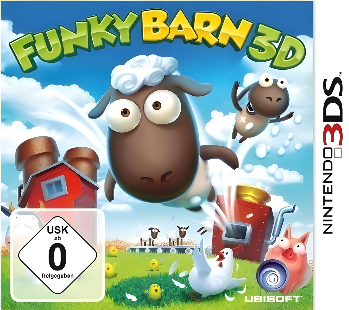 Das Cover von Funky Barn 3D für Nintendo 3DS zeigt ein fliegendes Schaf über einer Farm, USK ab 0.