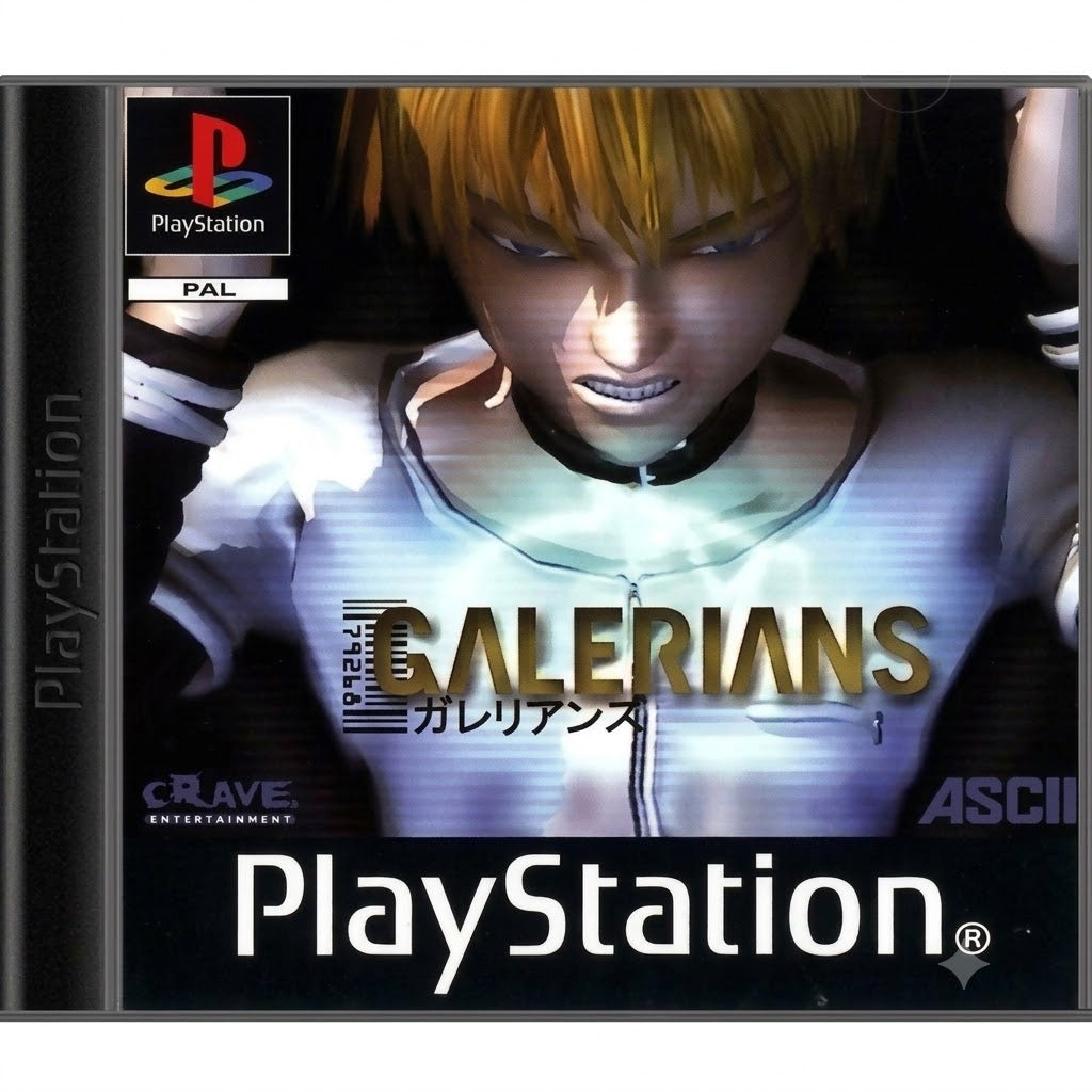 Das Cover von Galerians für PS1 zeigt einen jungen Mann mit blonden Haaren und leuchtenden Händen.