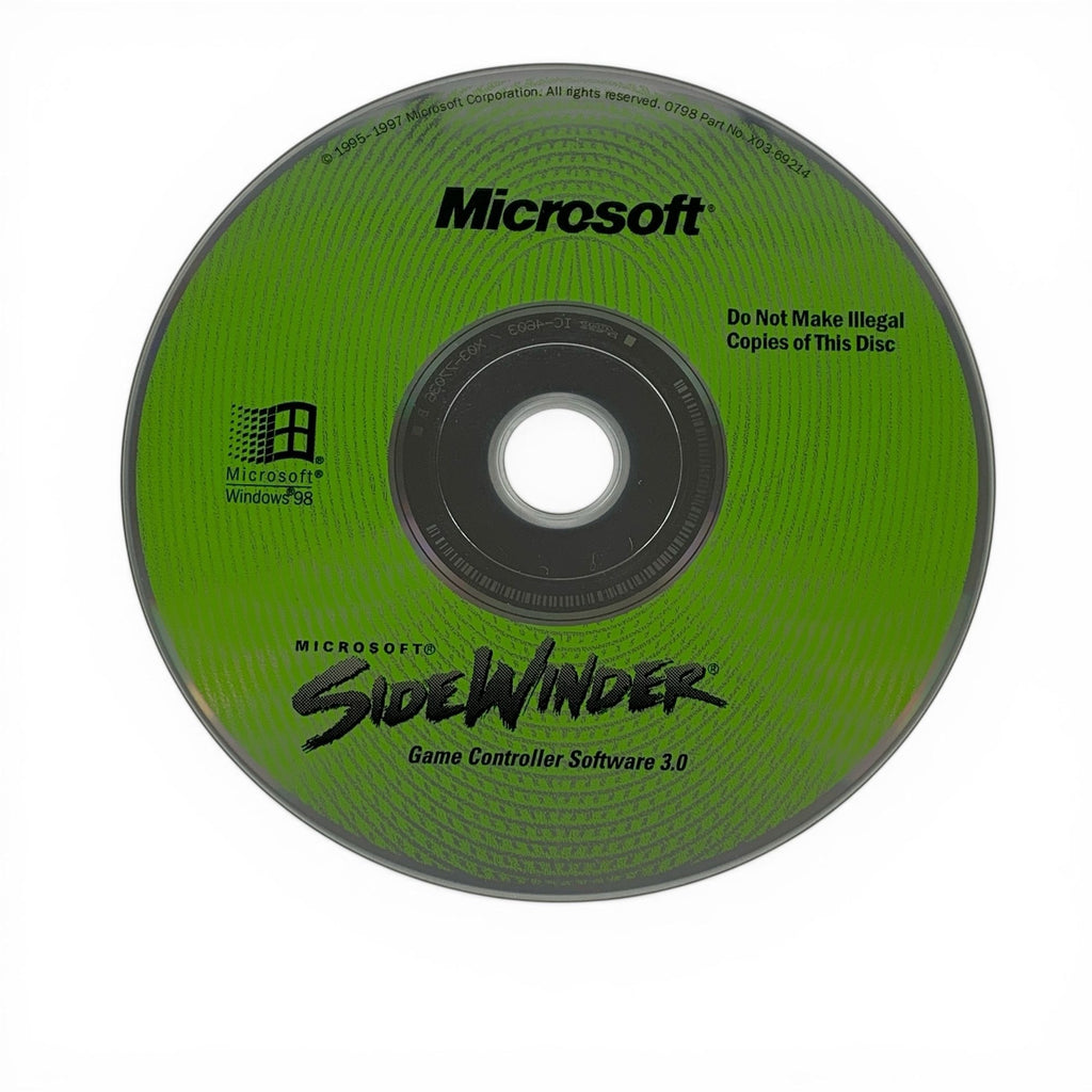 Der Datenträger für Game Controller Software / Treiber für MS SideWinder Controller für PC ist grün und zeigt das Microsoft.
