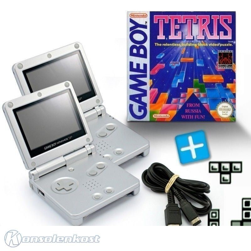 Bundle: 2 Konsolen GBA SP silber + Tetris + Linkkabel + Netzteil