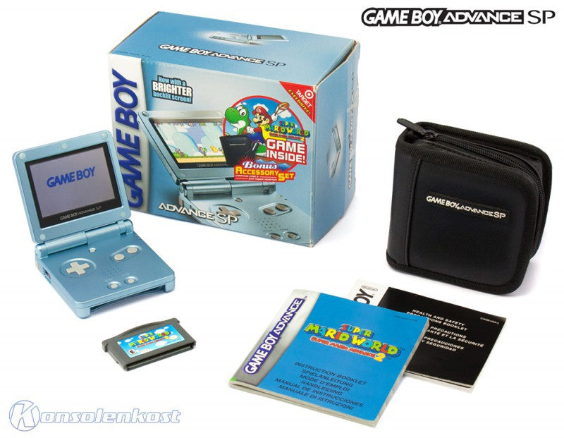Konsole GBA SP AGS-101 Pearl Blue Target Edt. + Spiel SMW + Tasche + Zubehör