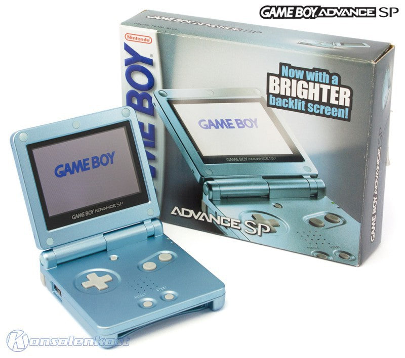 Konsole GBA SP AGS-101 Pearl Blue Target Edt. + Spiel SMW + Tasche + Zubehör