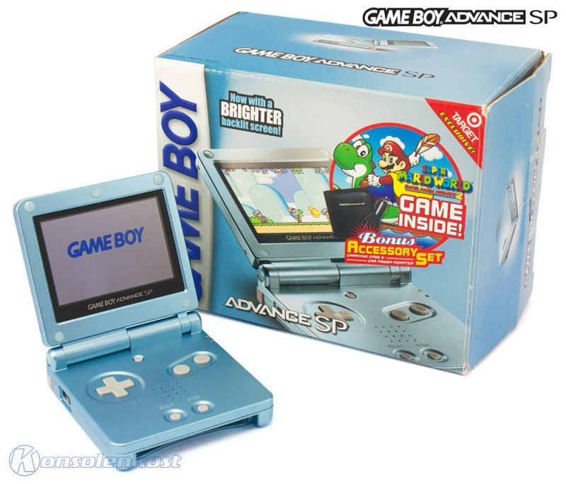 Konsole GBA SP AGS-101 Pearl Blue Target Edt. + Spiel SMW + Tasche + Zubehör