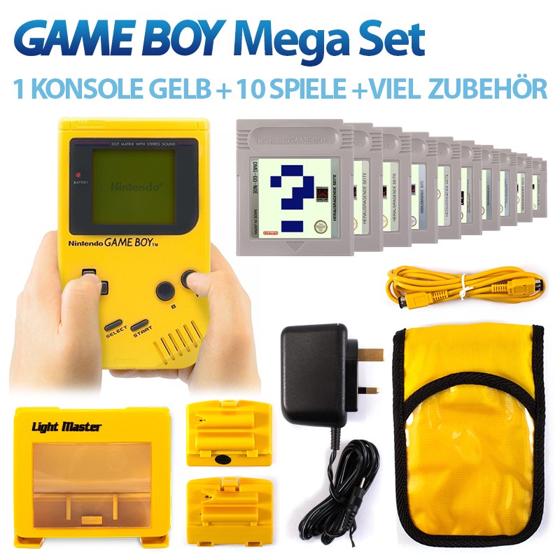 MegaSet: Konsole Classic + 10 GameBoy Spiele + Zubehör-Set gelb Banana Jim