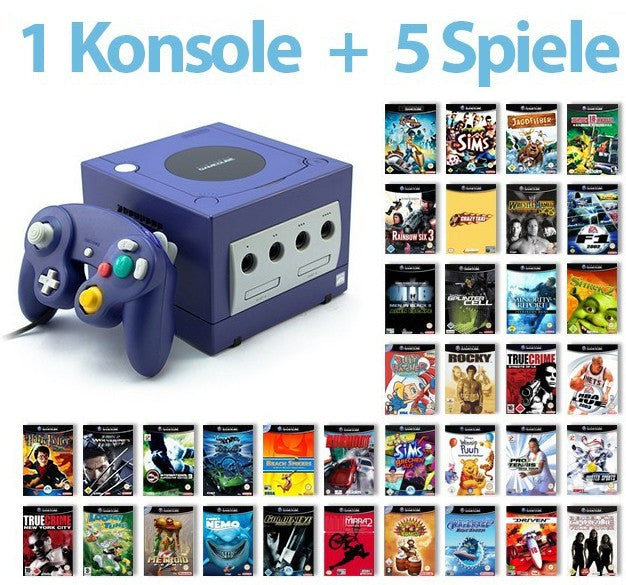 Konsole lila + 5 Spiele + Controller