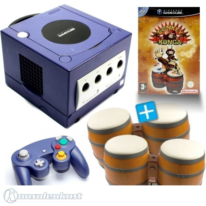 Konsole lila + Donkey Konga + 2 Bongos + Controller