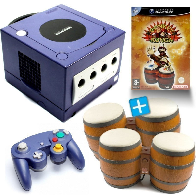 Konsole lila + Donkey Konga + 2 Bongos + Controller