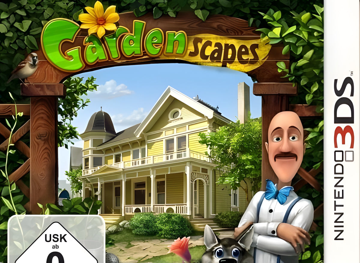 Das Cover von Gardenscapes zeigt ein großes Haus, einen Mann mit Schnurrbart und einen Hund, USK ab 0.