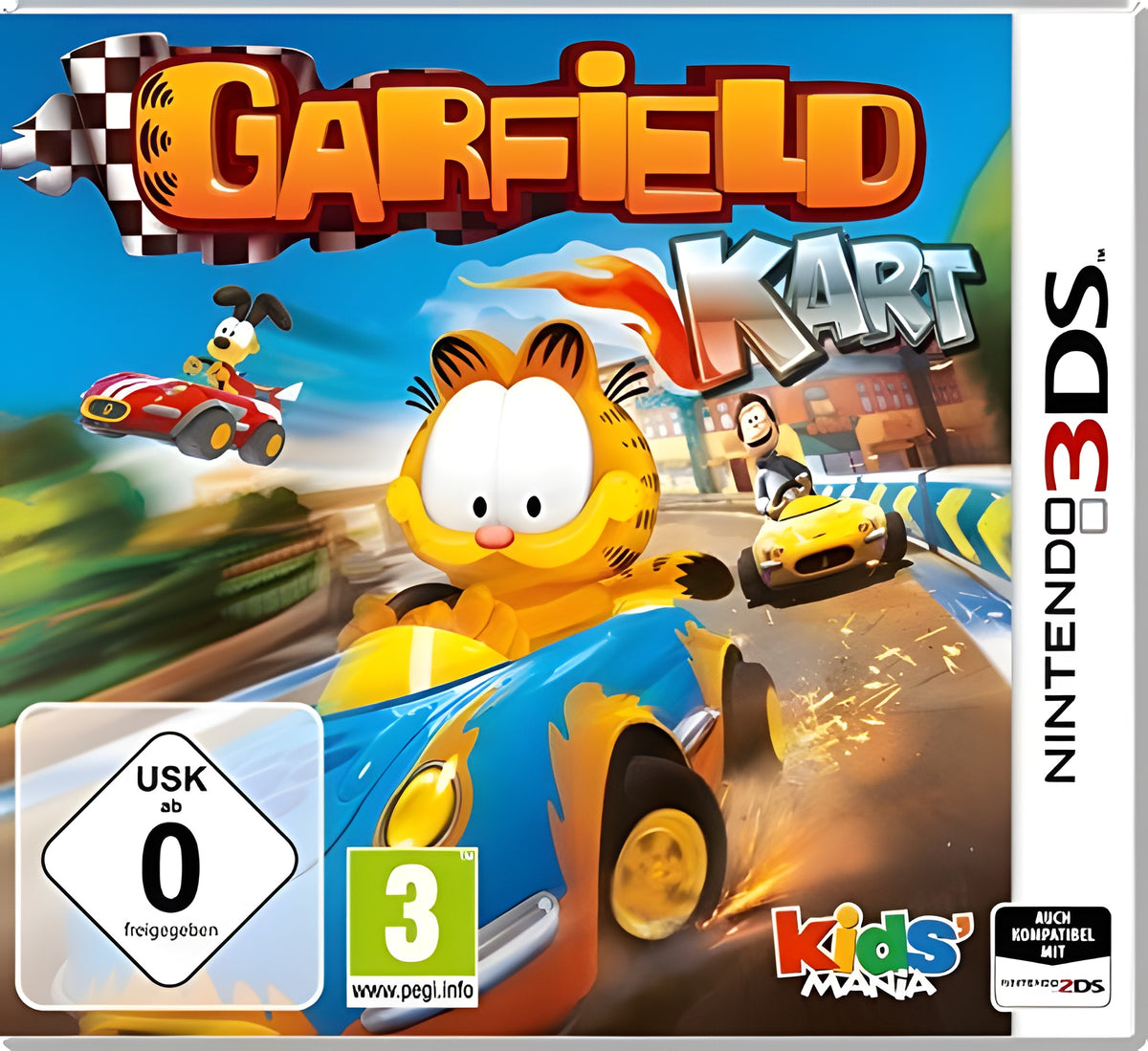 Das Cover von Garfield Kart für Nintendo 3DS zeigt Garfield im blauen Kart und das USK-Siegel ab 0.