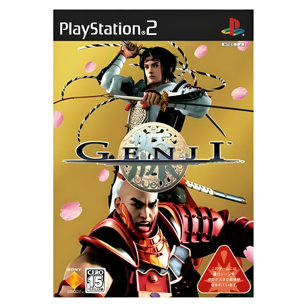 Das Cover von GENJI für PS2 zeigt zwei Samurai-Krieger in Rüstung, umgeben von fallenden Kirschblüten.