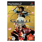 Das Cover von GENJI für PS2 zeigt zwei Samurai-Krieger in Rüstung, umgeben von fallenden Kirschblüten.