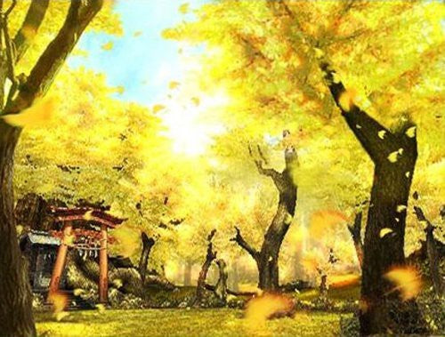 Ein goldener Herbstwald mit fallenden Blättern und einem roten Tor im Vordergrund.