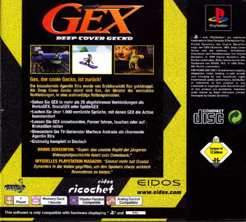 Die Rückseite von Gex: Deep Cover Gecko zeigt Spielszenen und eine USK ab 0 Freigabe.