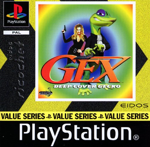 Das Packshot-Cover von Gex: Deep Cover Gecko zeigt Gex und eine Frau mit Waffe vor einem Regenbogen.