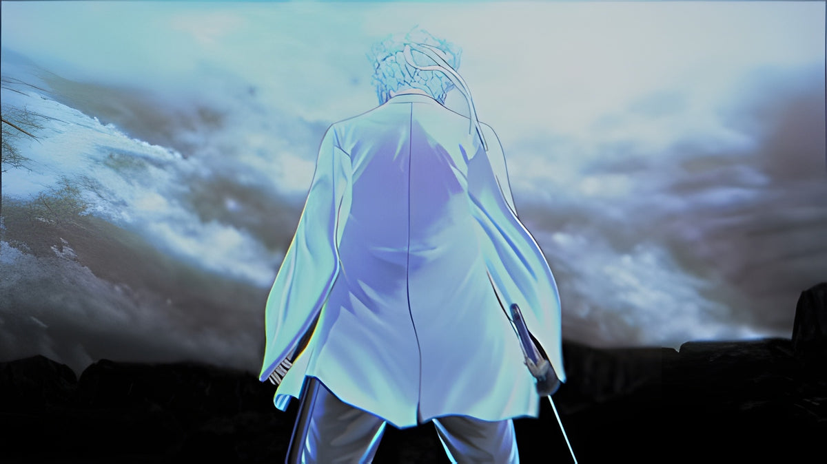 Eine Figur steht in Gintama Ranbu AV Edition mit dem Rücken zum Betrachter vor einer Wolkenkulisse.