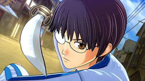 Eine Nahaufnahme in Gintama Ranbu AV Edition zeigt eine Figur mit Brille, die ein Messer hält.