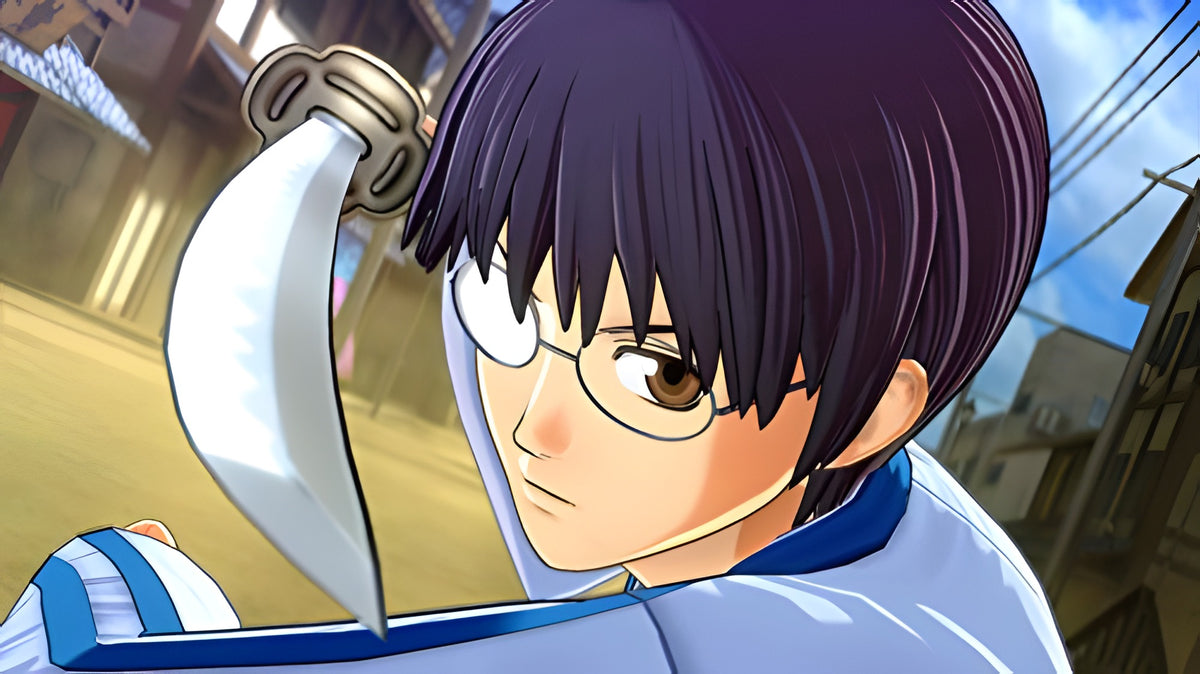 Eine Nahaufnahme in Gintama Ranbu AV Edition zeigt eine Figur mit Brille, die ein Messer hält.