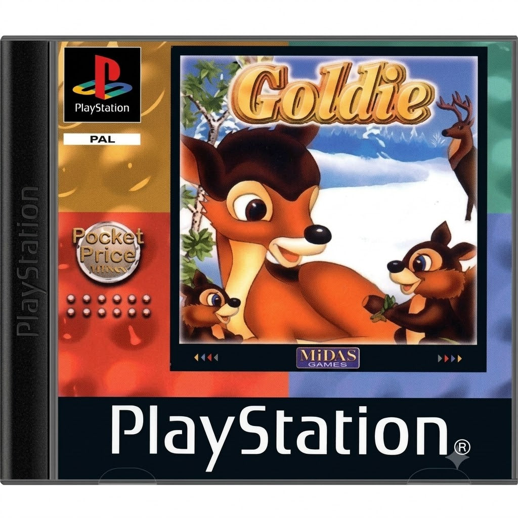 Die Vorderseite der Spielehülle von Goldie für PS1 zeigt ein Reh mit zwei Eichhörnchen vor einer Winterlandschaft.