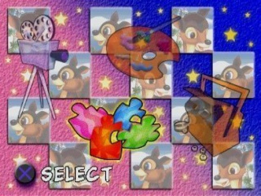 Das Hauptmenü des Spiels zeigt Symbole für Film, Malen, Puzzles und ein Gedächtnisspiel auf einem Raster von Rehbildern.