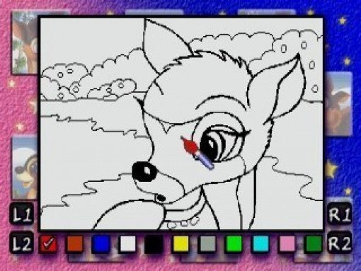 Ein Bildschirm aus dem Malspiel zeigt die Umrisse eines Rehkopfes, der mit einem virtuellen Pinsel ausgemalt wird.