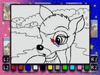 Ein Bildschirm aus dem Malspiel zeigt die Umrisse eines Rehkopfes, der mit einem virtuellen Pinsel ausgemalt wird.